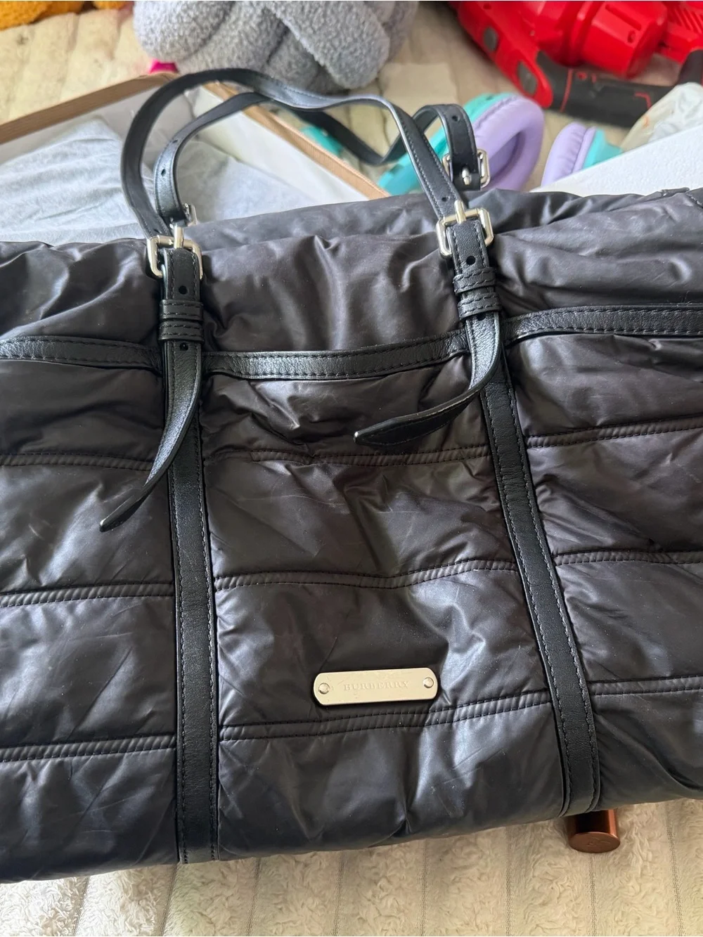 Burberry Black Quilted Nylon Tote with Leather Trim